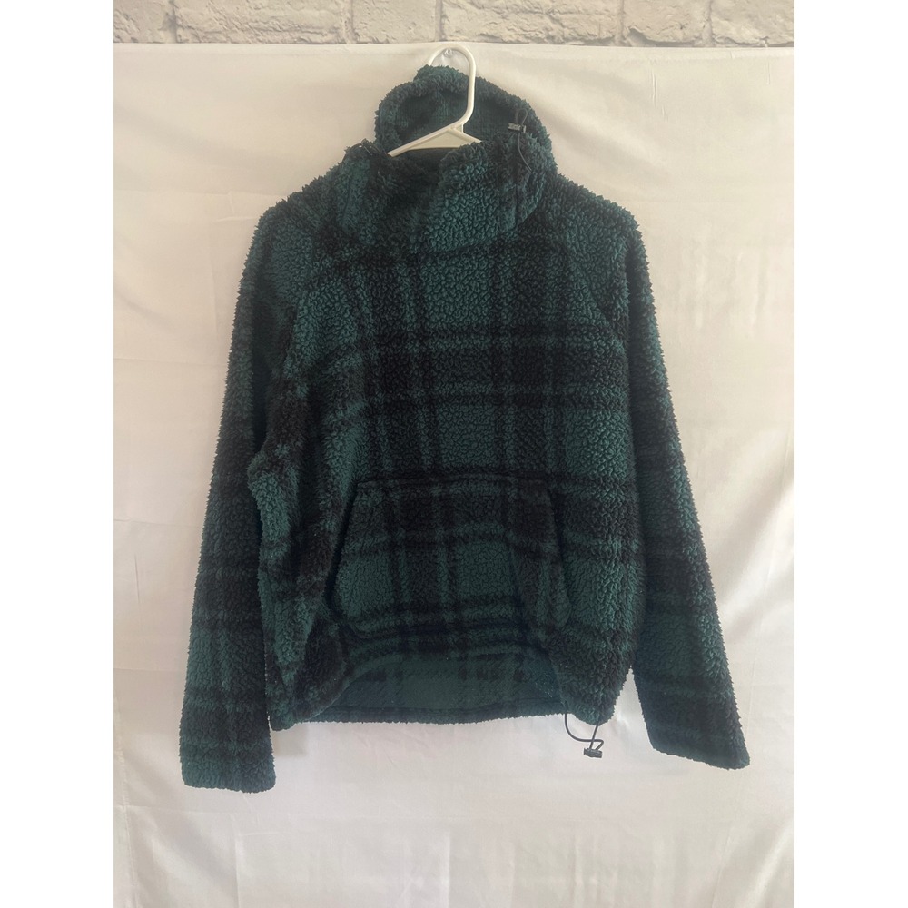 Victorias Secret PINK Plaid Sherpa Pullover Hoodie Green Black Fleece Small